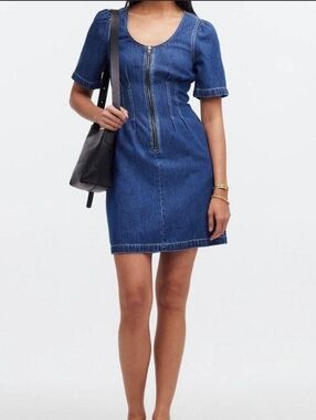 💙EUC Madewell Denim Zip Front Cinched Pocketed Mini Dress, Pixie Wash, 00